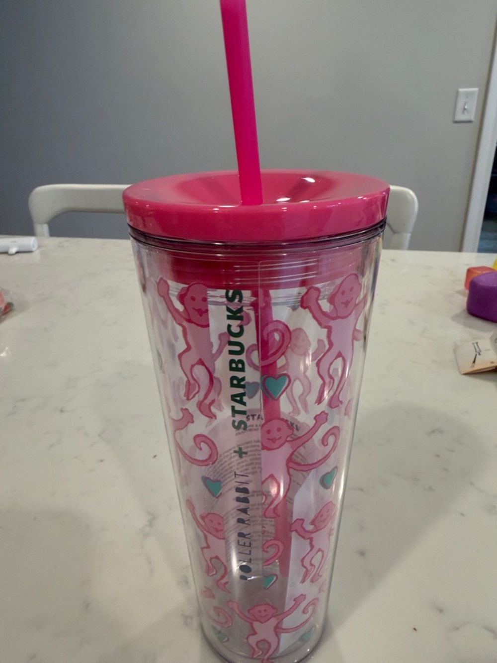 Starbucks Pink Monkey Clear Tumbler with Pink Straw